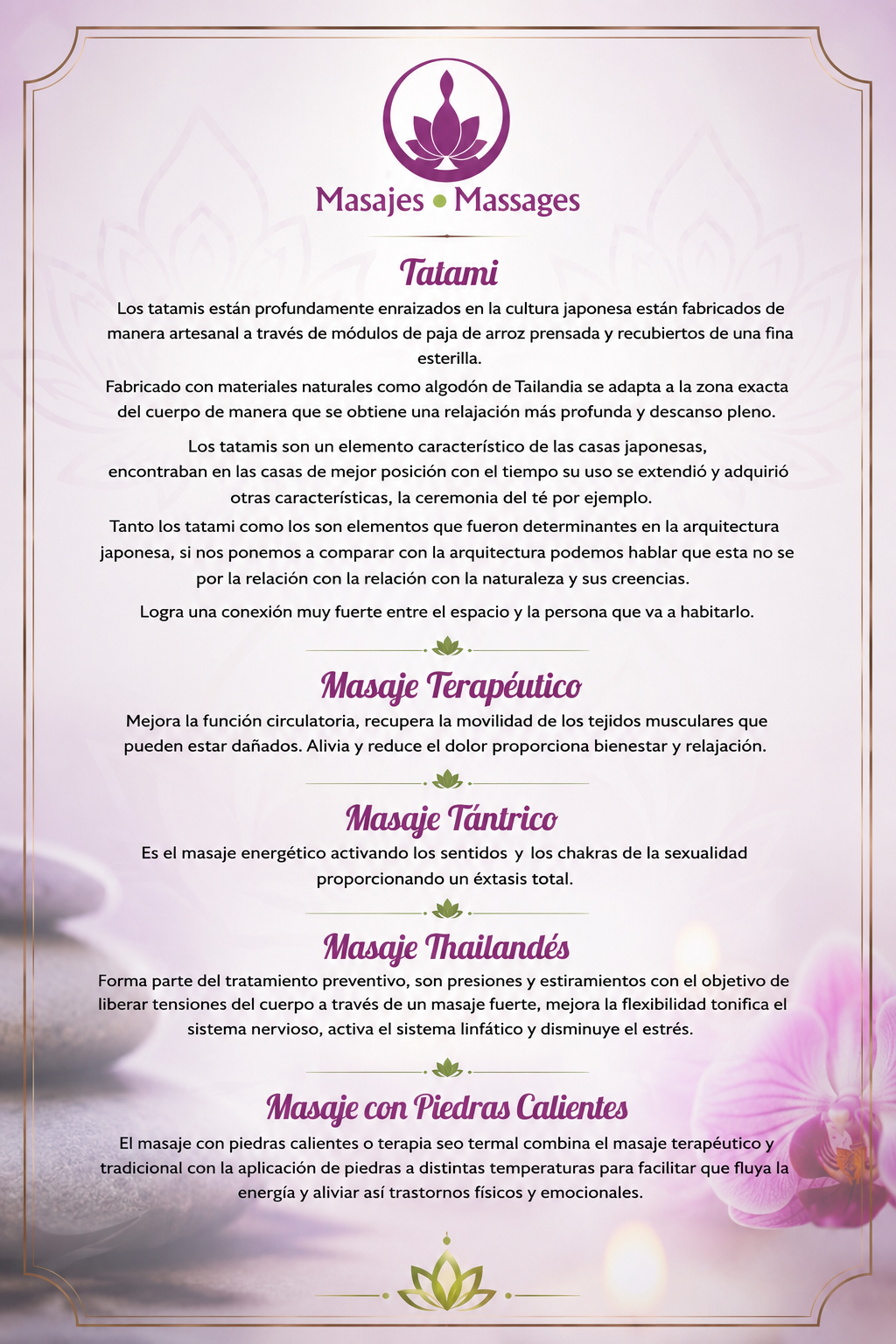 Menù dei massaggi premium esposto all'ingresso del salone di Marbella