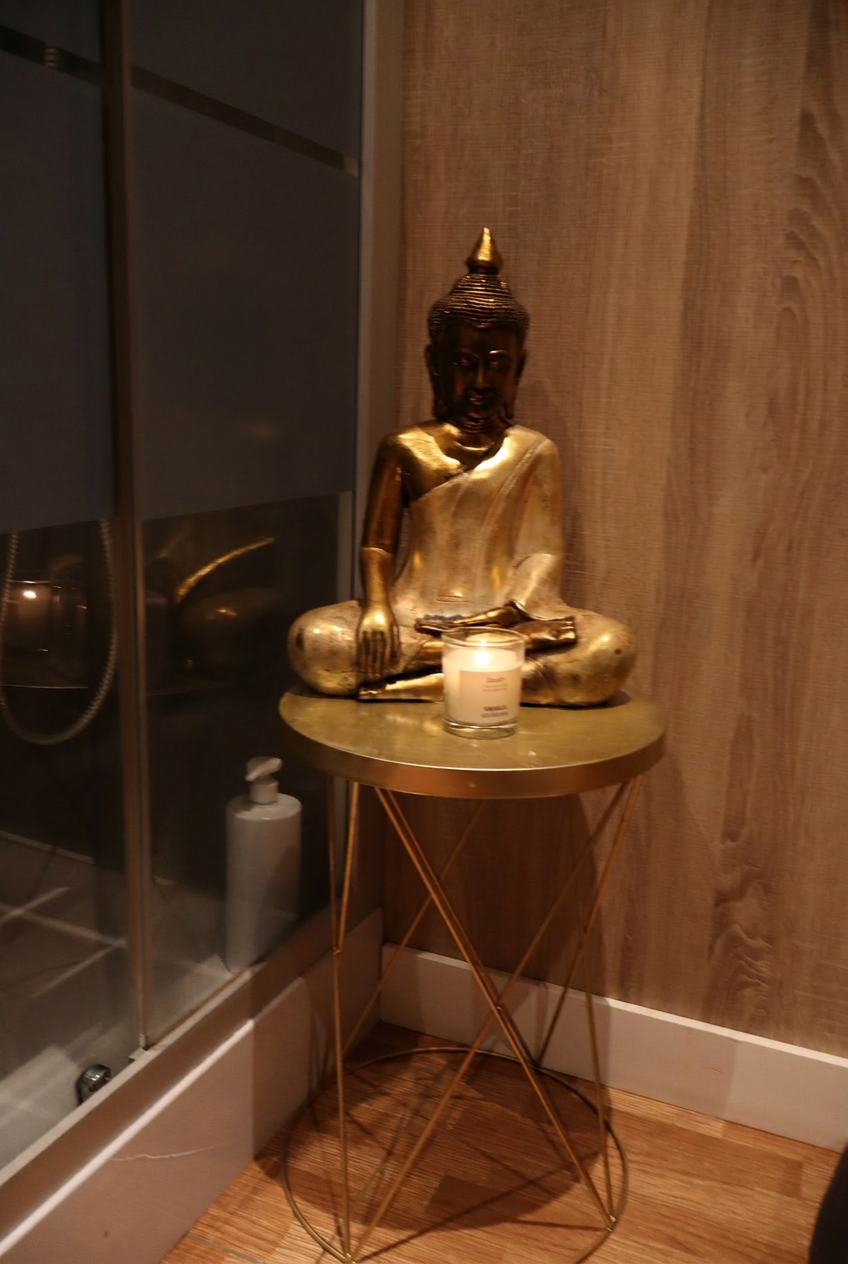 Statua del Buddha e candela sull'altare zen dell'area benessere Statua del Buddha e candela sull'altare zen dell'area benessere